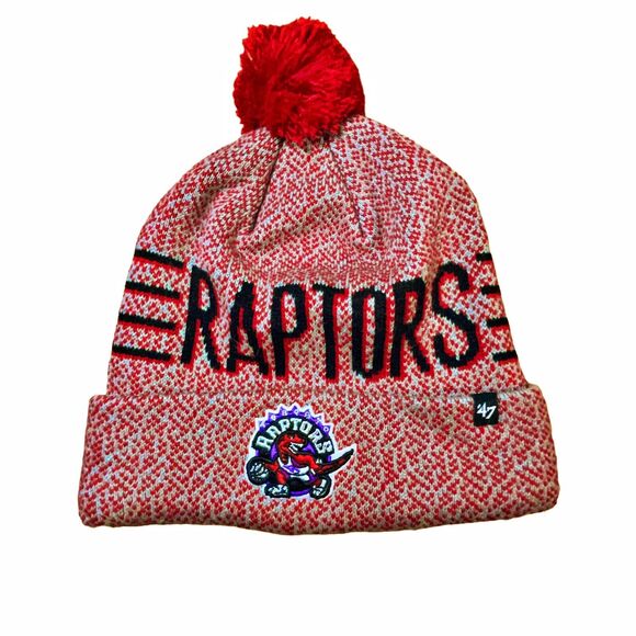 Toronto Raptors 47 Brand Red Pom Beanie Cuffed NBA Hardwood Classics Knit Hat - Picture 4 of 7
